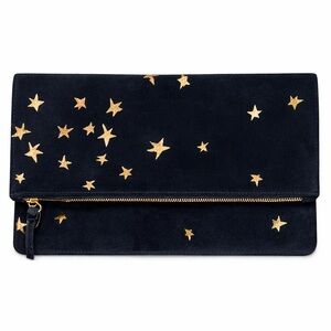 Clare V Foldover Clutch Black w/ Gold Stars | Leather